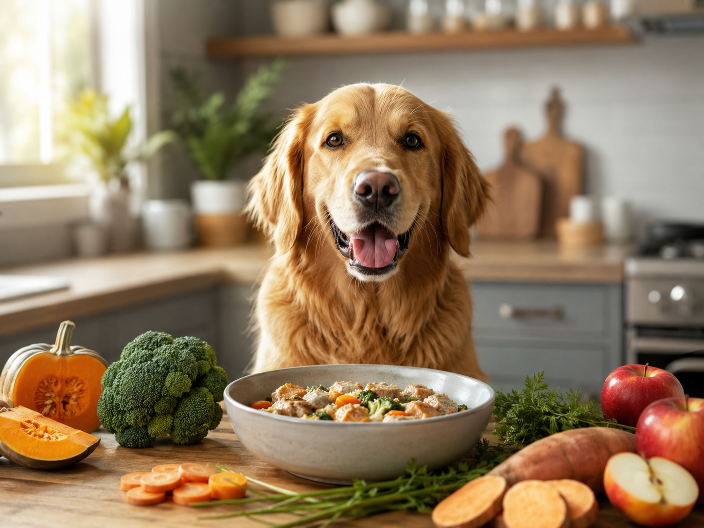 Cachorro feliz em cozinha com comida natural para cães